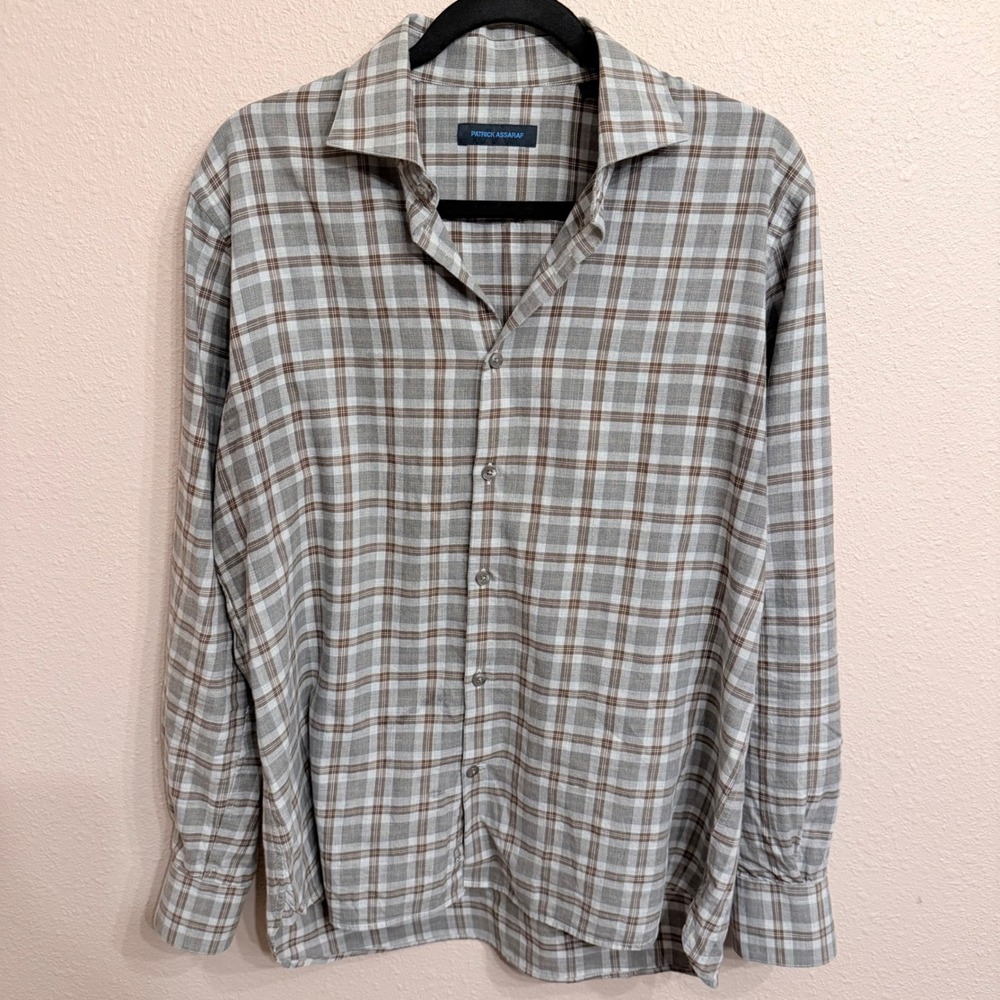 Patrick Assaraf Mens Grey Brown Plaid Cotton Long Sleeve Button Down Shirt L